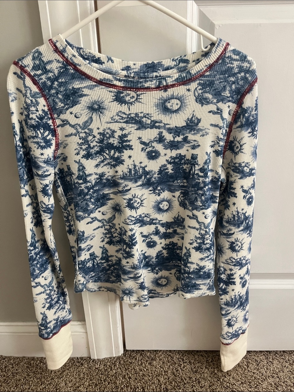 We The Free  free people Blue and White Long Sleeve Thermal Top patterned